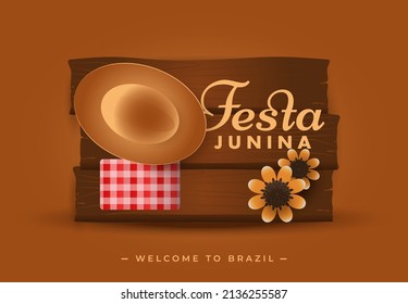 Festa Junina Sao Joao festival party welcome to Brazil hat sunflower scarf vector poster design banner
