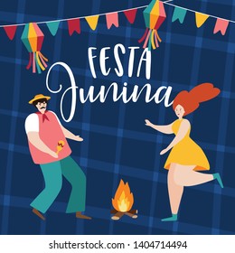 Festa junina, Sao Joao holiday. Brazilian june party greeting card, invitation. Man and woman dancing around fire. Party decoration, bunting flags. Hand drawn vector illustration background.