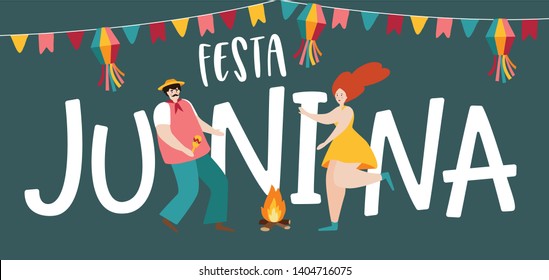 Festa junina, Sao Joao holiday. Brazilian june party greeting card, web banner. Man and woman dancing around fire. Party decoration, bunting flags. Vector illustration background, flat design.