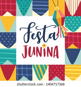 Festa junina, Sao Joao holiday. Brazilian june party greeting card, invitation. Modern abstract background with hand drawn colorful bunting flags. Midsummer vector illustration.