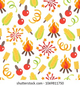 Festa Junina seamless pattern with bonfire, corn, apple, serpentine. June festival background.