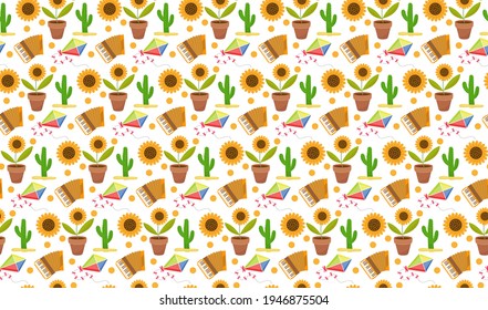 Festa Junina seamless pattern. Brazilian Latin American festival endless background. Repeating texture with traditional symbols. illustration