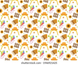 Festa Junina seamless pattern. Brazilian Latin American festival endless background. Repeating texture with traditional symbols. illustration