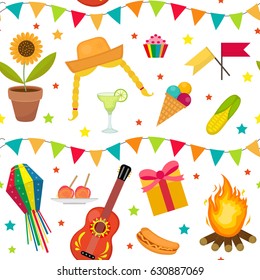 Festa Junina seamless pattern. Brazilian Latin American festival endless background. Repeating texture with traditional symbols. Vector illustration