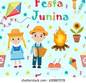 Festa Junina seamless pattern. Brazilian Latin American festival endless background. Repeating texture with traditional symbols. Vector illustration