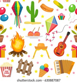 Festa Junina seamless pattern. Brazilian Latin American festival endless background. Repeating texture with traditional symbols. Vector illustration