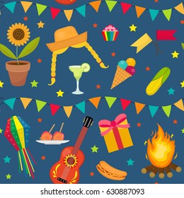 Festa Junina seamless pattern. Brazilian Latin American festival endless background. Repeating texture with traditional symbols. Vector illustration