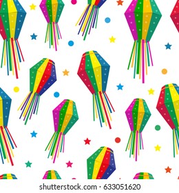 Festa Junina seamless pattern. Brazilian Latin American festival endless background. Repeating texture with traditional symbols. Vector illustration