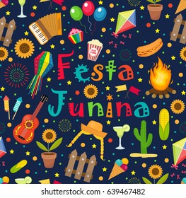 Festa Junina seamless pattern. Brazilian Latin American festival endless background. Repeating texture with traditional symbols. Vector illustration