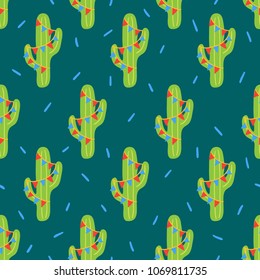 Festa Junina seamless pattern with cactuses and garlands. June festival background.