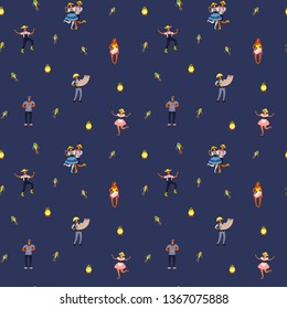 Festa Junina seamless pattern with dancing people, musicians, bonfire, lanterns, on blue background. Hand drawn vector illustration. Flat style design. Concept for holiday banner, poster, paper print.