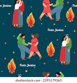 Festa junina seamless pattern with dancing couples and fire. Vector illustration.