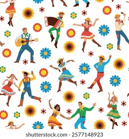 Festa junina seamless pattern. Funny participants and elements, traditional harvest festival, brazil farm holiday, june party, happy dancing people. Decor textile, wrapping, tidy vector print