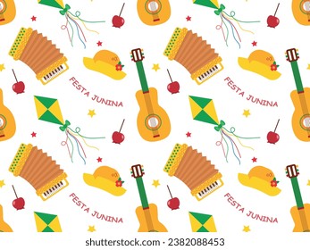 Festa Junina seamless pattern with glazed apple, guitar, accordion, flying kite. Colorful pattern on a white background. Vector for wrapping paper, textile, wallpaper