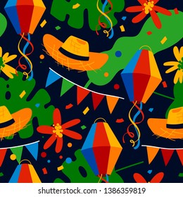 Festa Junina seamless pattern with party flags, colorful paper balloons and confetti.