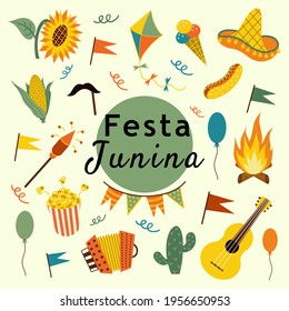 Festa Junina set of beautiful vector icons in flat style. Brazilian Latin American Festival. Isolated objects on a white background. Traditional food, holiday elements, entertainment