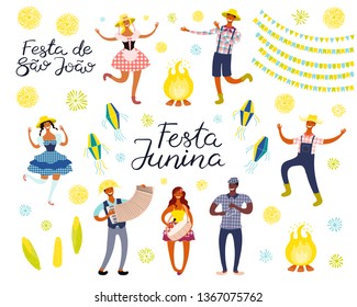 Festa Junina set with dancing people, musicians, lanterns, bunting, Portuguese text. Isolated objects on white. Hand drawn vector illustration. Flat style design. Element for holiday banner, poster.