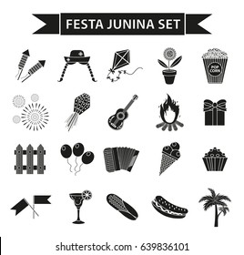 Festa Junina set icons, black silhouette style. Brazilian  festival, celebration of traditional symbols. Collection of design elements, isolated on white background. Vector illustration, clip-art