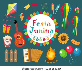 Festa Junina setzen Symbole, flacher Stil. Brasilianisches lateinamerikanisches Festival, Feiern traditioneller Symbole. Sammlung von Design-Elementen. Vektorgrafik, Clipart