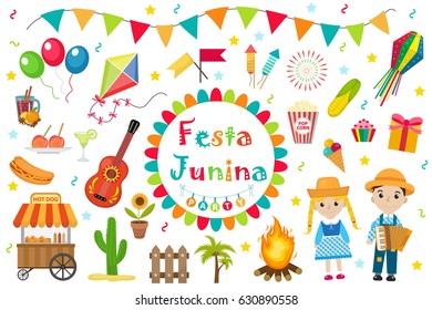 Festa Junina set  icons, flat style. Brazilian Latin American festival,  celebration of traditional symbols. Collection of design elements, isolated on white background. Vector illustration, clip-art