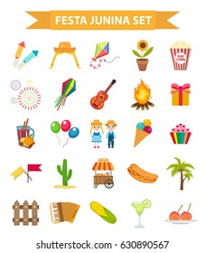 Festa Junina set  icons, flat style. Brazilian Latin American festival,  celebration of traditional symbols. Collection of design elements, isolated on white background. Vector illustration, clip-art