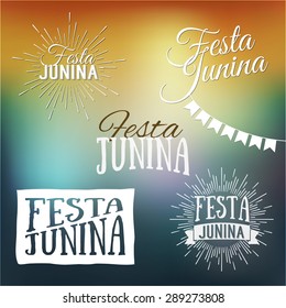 Festa Junina set of logos, emblems and labels - traditional Brazil june festival party - Midsummer holiday. Latin American holiday, the inscription in Portuguese Festa Junina. Vector illustration.