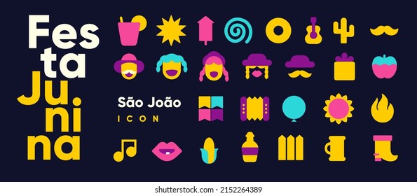 Festa Junina. A set of simple, minimalist icons. Vector illustrations. Music Festival.  Festive banner, poster, cover. 