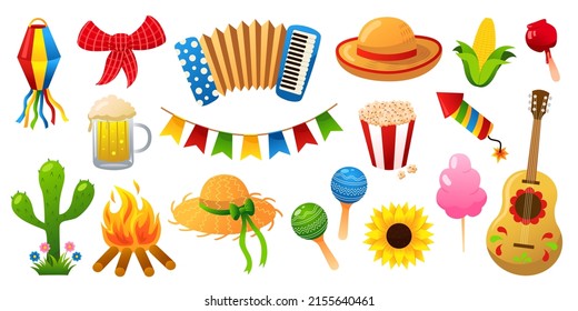 Festa Junina! Set of traditional celebration symbols.Vector cute illustrations for Brazilian Latin American festival. Drawings for banner, card, poster, postcard.