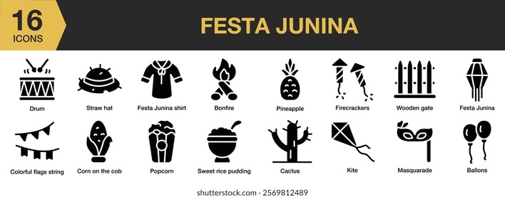 Festa Junina solid icon set. Includes brazil, party, celebration, traditional, festival, june, and More. Solid icons vector collection.