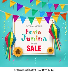 Festa Junina special offer discount sale. Brazilian Latin American festival template for your design festive bunting flags, paper lantern. Vector illustration