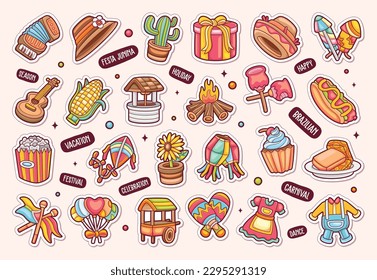 Festa Junina Sticker Icons Hand Drawn Coloring Vector