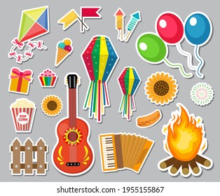 Festa Junina stickers set. Brazilian Latin American festival, celebration of traditional symbols. Collection of design elements. Vector illustration, clip-art