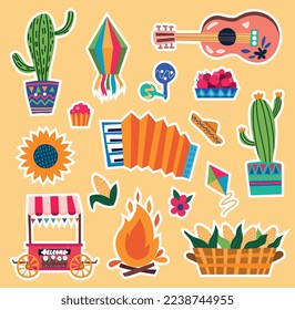 Festa Junina stickers. Set of graphic elements for website. Brazilian style and culture. Traditions and holidays. Cactus and campfire. Cartoon flat vector illustrations isolated on beeige background