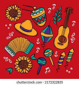 FESTA JUNINA STYLE June Festival Catholic Tradition Brazil Carnival Holiday Composition With Musical Instruments On Red Background Vector Illustration For Print