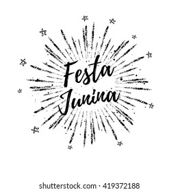 Festa Junina summer calligraphic poster, illustration. Vector firework carnaval background with stars. 