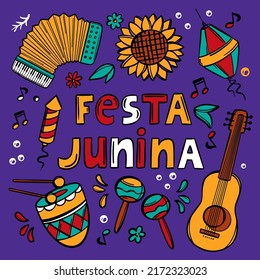 FESTA JUNINA SYMBOL June Festival Catholic Tradition Brazil Carnival Holiday Lettering With Music Instruments On Purple Background Vector Illustration For Print