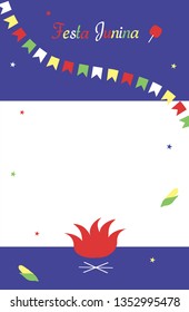 Festa Junina. Template for invitation. Flat multicolored flags and stars, bonfire, corn, an inscription, an apple in caramel on blue and white background. Vector.