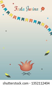 Festa Junina. Template. Multicolored flags and stars, bonfire, corn, an inscription, an apple in caramel and space for text on a gradient background. Vector.