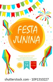 Festa Junina - text in Brazilian means June party. Festa Junina Brazil Festival. Folklore holiday. Festival fire. Vector illustration.