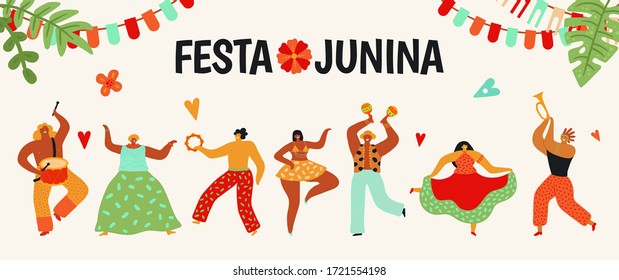 Festa Junina. Tradition brazil party. Dancing carnaval, latin june celebration poster. Summer holiday woman man with maracas. Fun dance people vector illustration