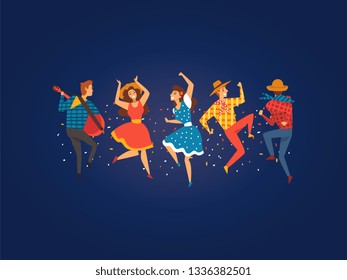 Festa Junina, Traditional Brazil June Festival, Happy People Dancing at Night Folklore Party Vector Illustration