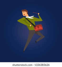 Festa Junina Traditional Brazil June Festival, Young Man Dancing with Drum at Night Folklore Party Vector Illustration