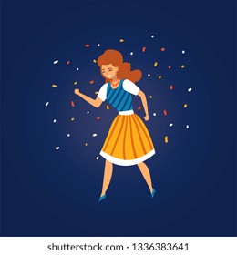Festa Junina, Traditional Brazil June Festival, Girl Dancing at Night Folklore Party Vector Illustration
