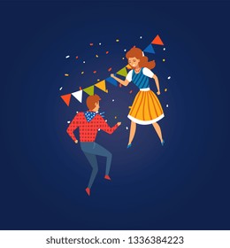 Festa Junina Traditional Brazil June Festival, Happy Young Man and Woman Dancing at Folklore Party Vector Illustration