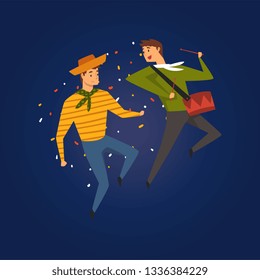 Festa Junina, Traditional Brazil June Festival, Two Men Dancing and Playing Drum at Folklore Party Vector Illustration