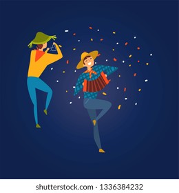 Festa Junina, Traditional Brazil June Festival, Men Dancing and Playing Accordion and Triangle at Folklore Party Vector Illustration