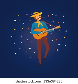 Festa Junina Traditional Brazil June Festival, Young Man in Cowboy Hat Playing Guitar at Night Folklore Party Vector Illustration