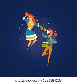 Festa Junina, Traditional Brazil June Festival, Happy People Dancing at Night Folklore Party, Man Playing Drum Vector Illustration