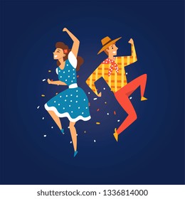 Festa Junina, Traditional Brazil June Festival, Happy Young Man and Woman Dancing at Night Folklore Party Vector Illustratio