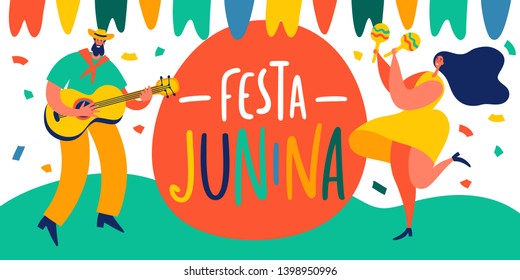 Festa Junina traditional Brazil June festival party. Vector design template with dancing man and woman. For greeting card, invitation, poster, banner, and other use.